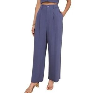 Lulus Linen Blend Blue Wide Leg Pants Trousers Large NWT Career Preppy Old Money